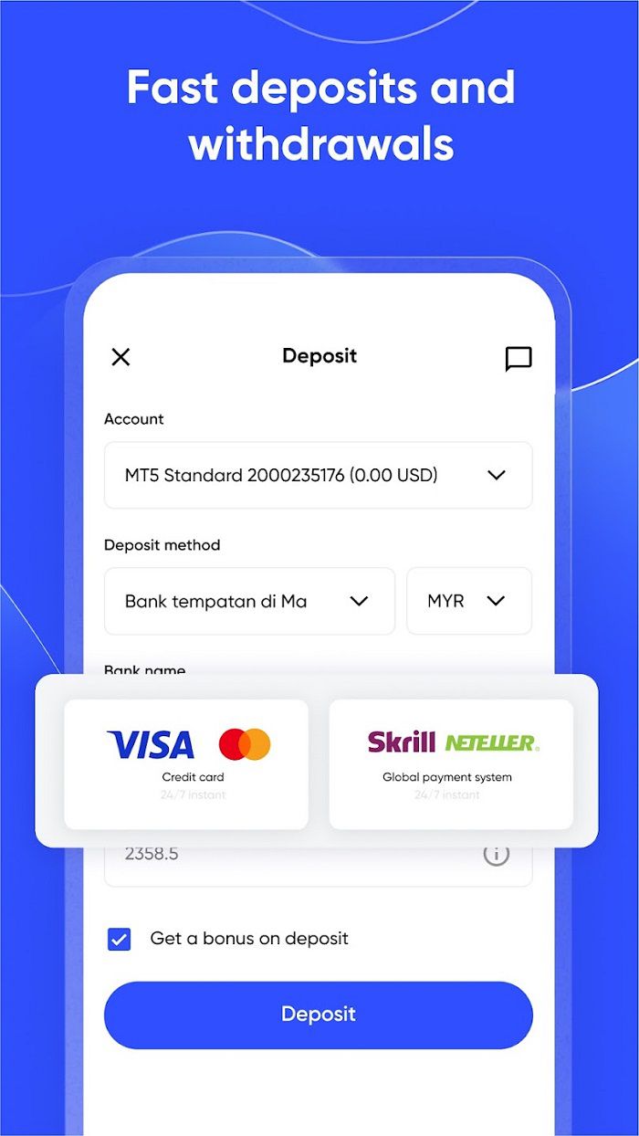 Justmarkets app Deposit and Withdrawal