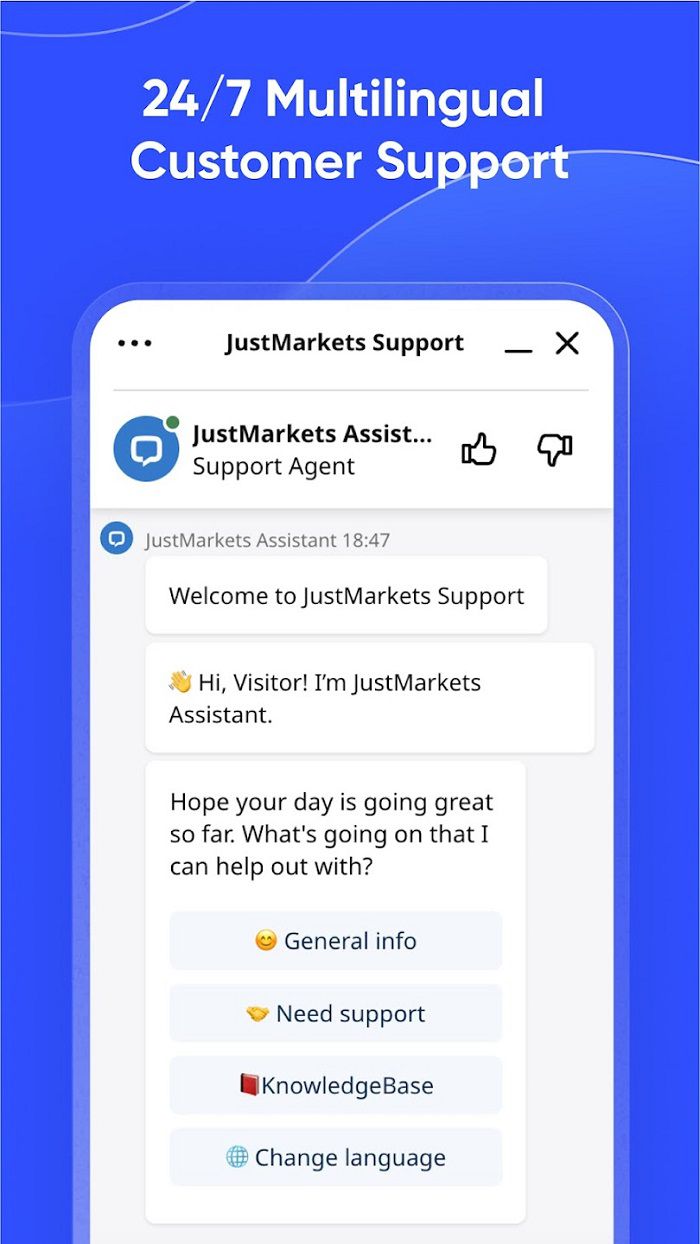 Justmarkets app 24_7 multilingual customer support