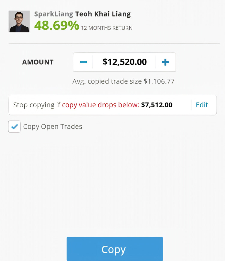 A preview on how to copy a trader on eToro.