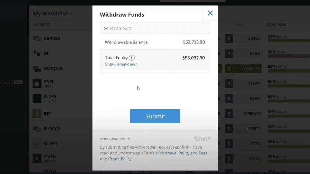 Step 2 of how to withdraw your funds from eToro