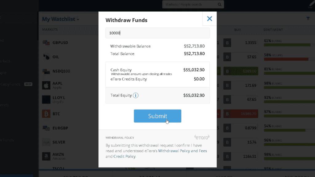 Step 3 of how to withdraw your funds from eToro
