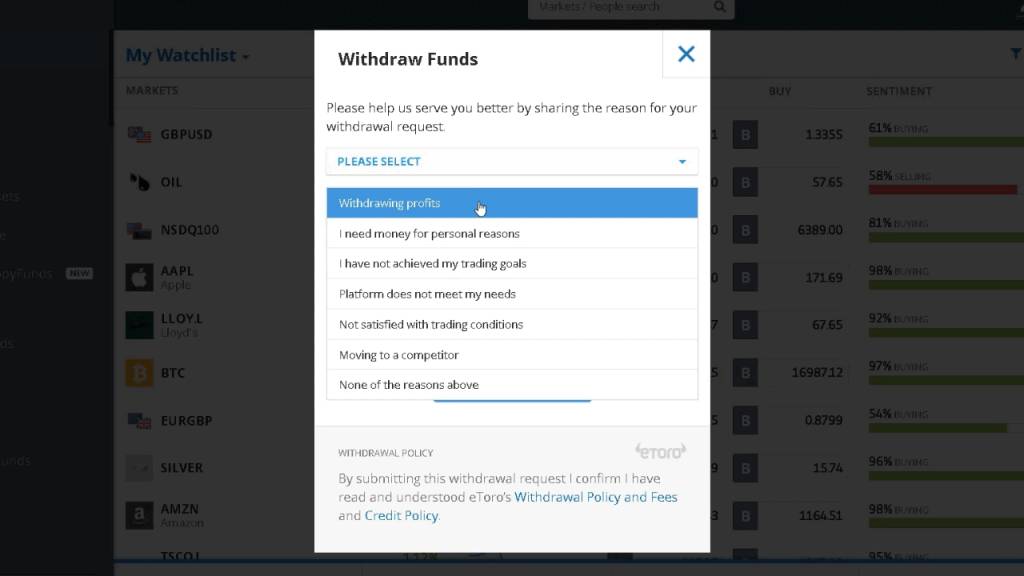 Step 4 of how to withdraw your funds from eToro
