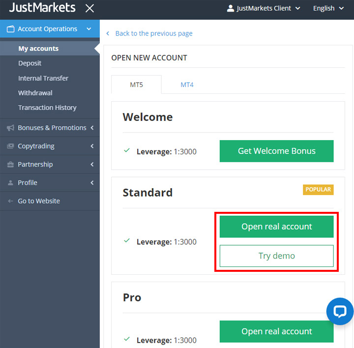 JustMarkets Account Registration