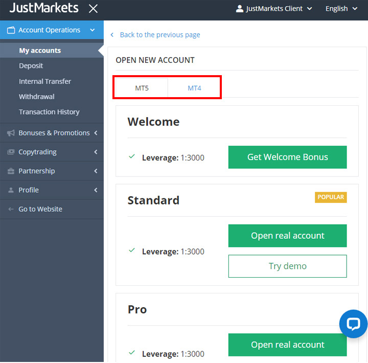 JustMarkets Account Registration